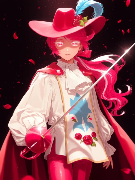 yoshino ns, lazypos, <lora:CRKMousseXL:1> CRK_Mousse, 1boy, long hair, streaked hair, hat, hat feather, rapier, holding sword, white eyelashes, puffy sleeves, pink pants, red cape, ascot, low ponytail, white shirt, white footwear, tabard,
simple background, depth of field, cowboy shot, light particles, rose petals, falling petals, <lora:cfg_scale_boost:0.5> looking at viewer, glowing, white eyelashes, androgynous, tan skin, raspberry hat ornament, expressionless,