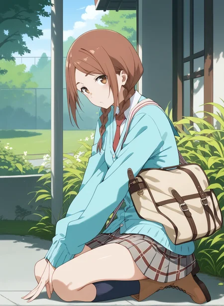score_9,score_8_up,score_7_up,source_anime,anime,nsfw,rating_explicit,uncensored,High quality,Ultra detailed,best quality,insanely detailed,beautiful,masterpiece,prefect lighting BREAK
<lora:ishiwatari_nao_V1:1>,(ishiwatari_nao, brown hair, twin braids, long hair, brown eyes, hair over shoulder, school uniform, red necktie, plaid skirt, cardigan, socks,boots),1girl,solo,outdoors,giggling,kneeling,from_side,full body,looking_at_viewer,