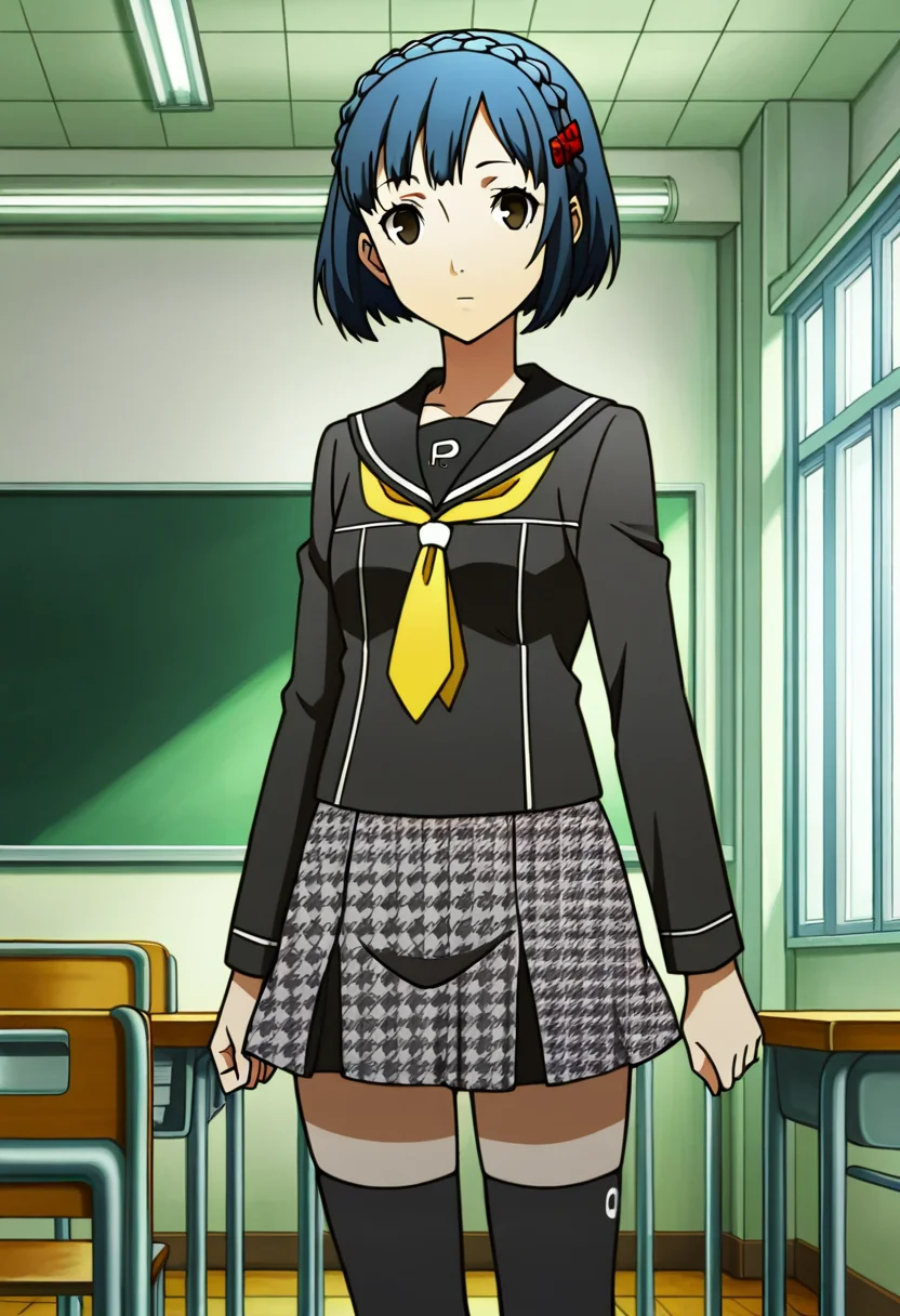1 girl, solo, cute face,
p4aika, short hair, blue hair, hair ornament, crown braid,
school uniform, serafuku, yasogami school uniform, skirt, brown eyes, houndstooth skirt, black thighhighs, zettai ryouiki,
looking at viewer, expressionless, standing,
inside, classroom,
masterpiece, best quality, ultra detailed,