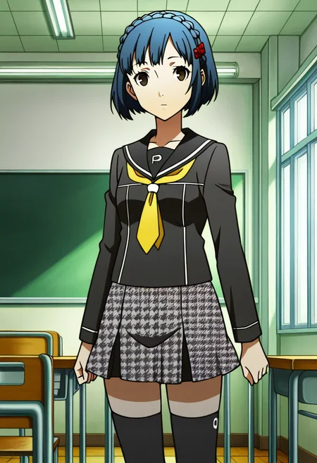 1 girl, solo, cute face,
p4aika, short hair, blue hair, hair ornament, crown braid,
school uniform, serafuku, yasogami school uniform, skirt, brown eyes, houndstooth skirt, black thighhighs, zettai ryouiki,
looking at viewer, expressionless, standing,
inside, classroom, 
masterpiece, best quality, ultra detailed,