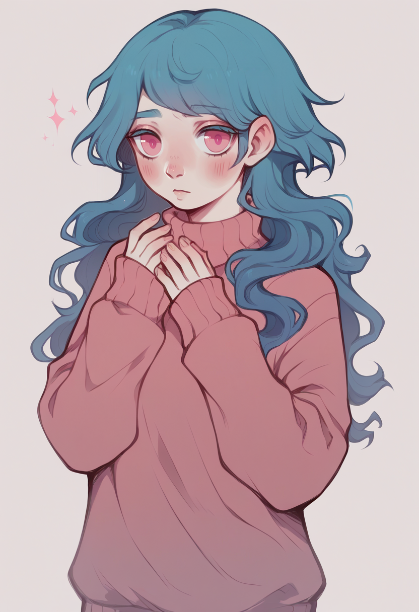 score_9, score_8_up, score_7_up, score_6_up, score_5_up,   <lora:DKXLP:1> dk, 1girl, long hair, blush, blue hair, sweater, pink eyes,