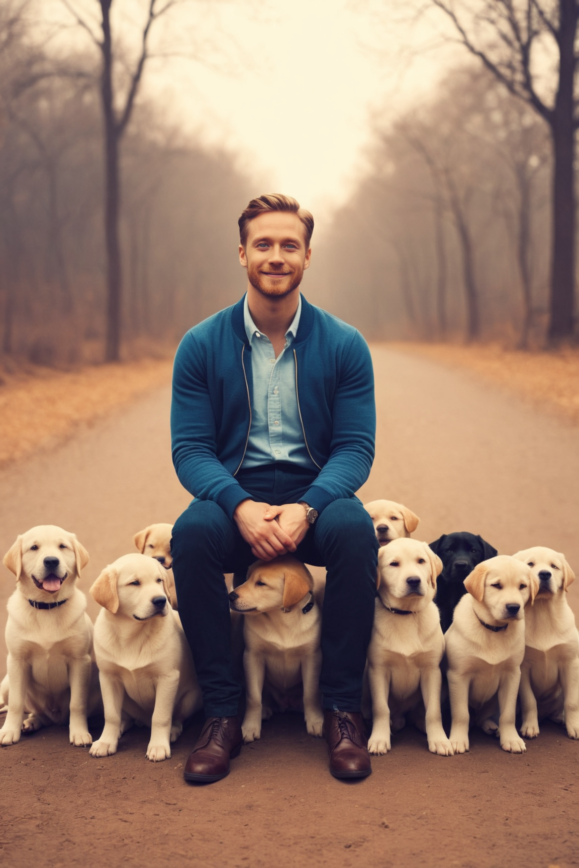 by Oleg Oprisco and James Gilleard in the style of Seb Mckinnon,   man and his puppies