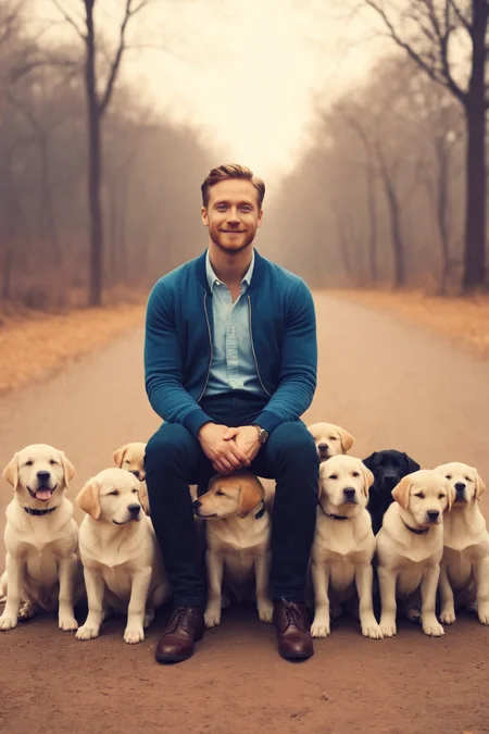 by Oleg Oprisco and James Gilleard in the style of Seb Mckinnon, man and his puppies