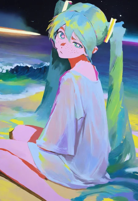 painterly, artist:[caravaggio|adam de coster|yoneyama mai|cursedweeboo|daodtt|diao \(nrays\)|ravine bells],
hatsune miku, space station, symbol-shaped pupils, close-up, raised eyebrow, from side, freckles, oversized clothes, see-through shirt, multicolored background, beach, waves, ultraviolet light, wariza,
newest, impasto, brushstroke, impressionism, oil painting \(medium\), newest, absurdres, masterpiece, very aesthetic