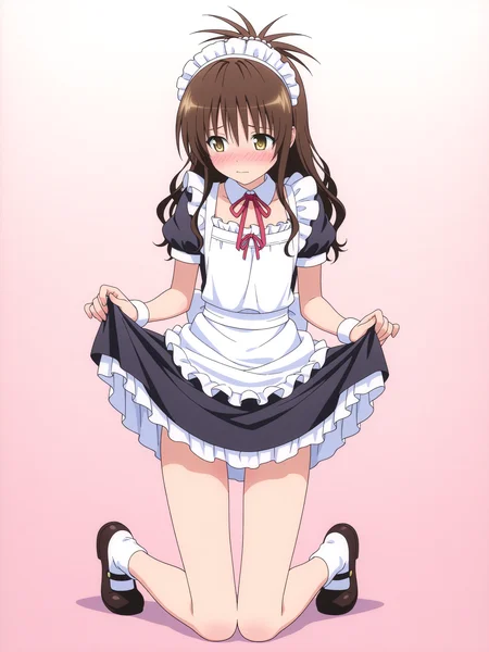 <lora:yuuki mikanv2:1>,mikan,5 fingers,full body,maid,shy, skirt lift