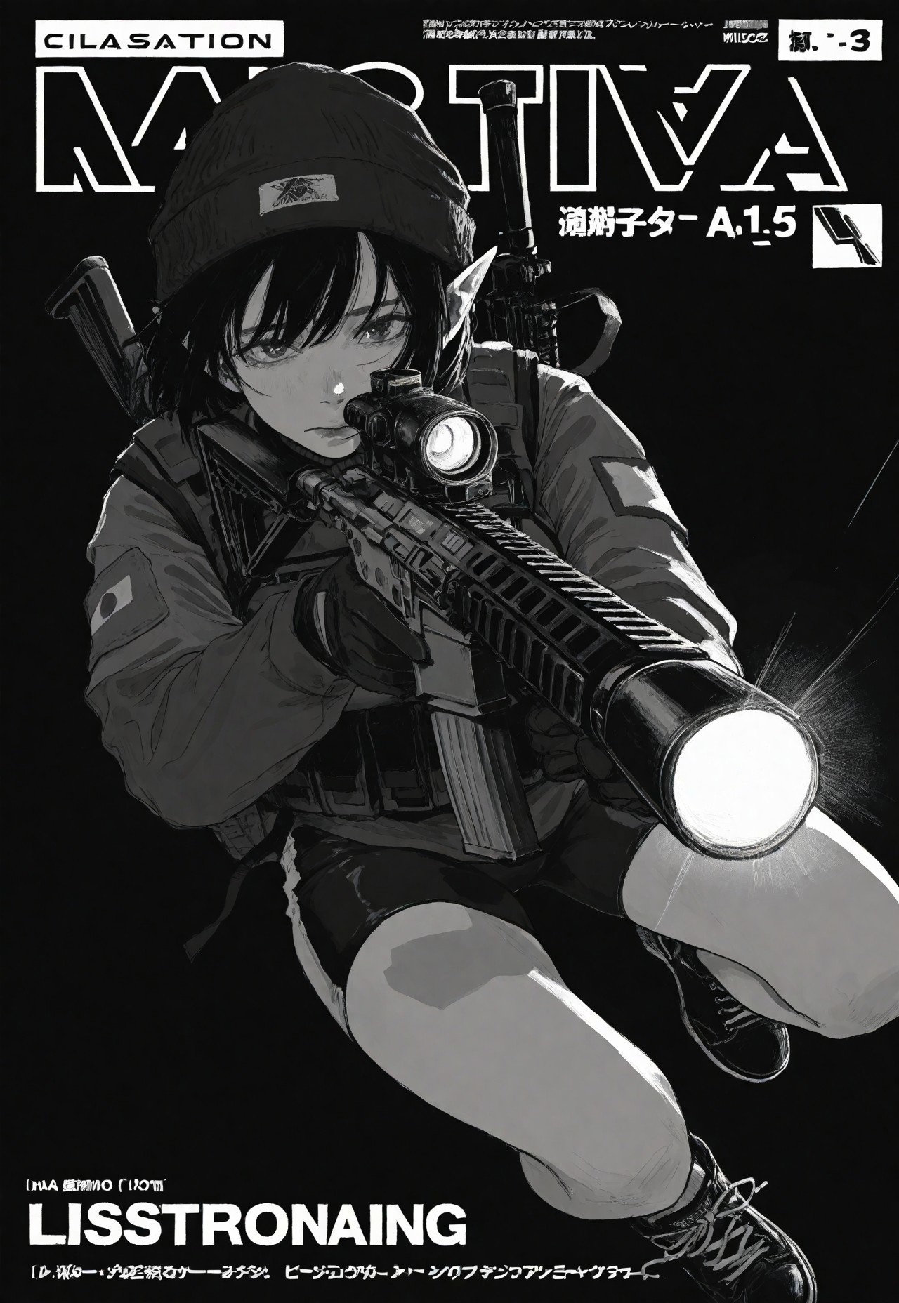  realistic, sketch, masterpiece, best quality, amazing quality, cinematic,  hatching \(texture\), simple black background, dark theme,  dynamic pose, dynamic angle, depressed, (very dark theme, dark shadows), (monochrome, greyscale,  illustration, XilmO,) 

elf ears, short hair, tomboy blac hair,   

 tactical long cycling shorts, tactical gloves, tactical vest with pouches, ,tactical beanie,  two-color tactical long turtleneck, long sleeves, patch (Japanese flag) on ​​the shoulder, small tactical backpack on the back, black converse sneakers,  (holding ar-15),  the rays rifle flashlight, tactical laser pointer on the weapon,  tactical pose,  (epic pose), wind,  manga magazine cover,
