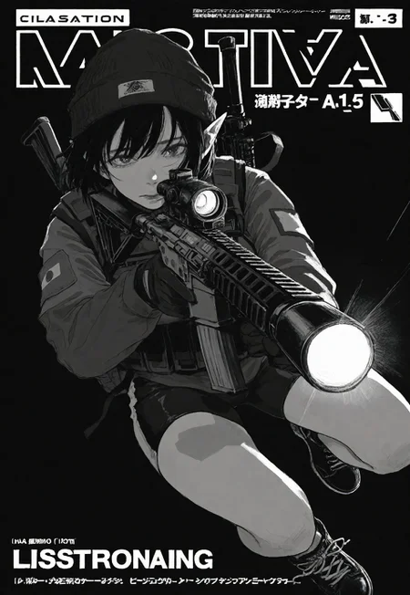 realistic, sketch, masterpiece, best quality, amazing quality, cinematic, hatching \(texture\), simple black background, dark theme, dynamic pose, dynamic angle, depressed, (very dark theme, dark shadows), (monochrome, greyscale, illustration, XilmO,)
elf ears, short hair, tomboy blac hair,
tactical long cycling shorts, tactical gloves, tactical vest with pouches, ,tactical beanie, two-color tactical long turtleneck, long sleeves, patch (Japanese flag) on the shoulder, small tactical backpack on the back, black converse sneakers, (holding ar-15), the rays rifle flashlight, tactical laser pointer on the weapon, tactical pose, (epic pose), wind, manga magazine cover,