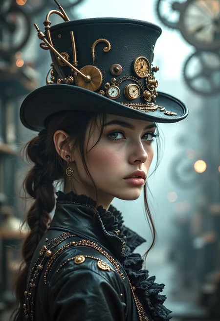 Imagine a 20 years old young female with a striking steampunk style, set against an abstract, dreamlike background. She wears a finely crafted steampunk top hat adorned with intricate brass gears, miniature clock faces, and small, gleaming copper tubes. Her clothing is a blend of leather and dark fabrics, with metallic accents and delicate lace. She has a thoughtful, intense expression, her gaze focused on something unseen.
The background is an ethereal, mist-filled environment, with oversized, floating gears and mechanical parts suspended in mid-air, surrounded by a faint glow. Soft, cinematic lighting highlights the gleam of her hat and the detail in her attire, creating a scene that feels both lifelike and surreal. <lora:flux_realism_lora:1> <lora:FLUX-Turbo--8-Step_(Fastest):1> <lora:midjourney_whisper_flux_lora_v01_[Midjourney_Whisper]:0.7>