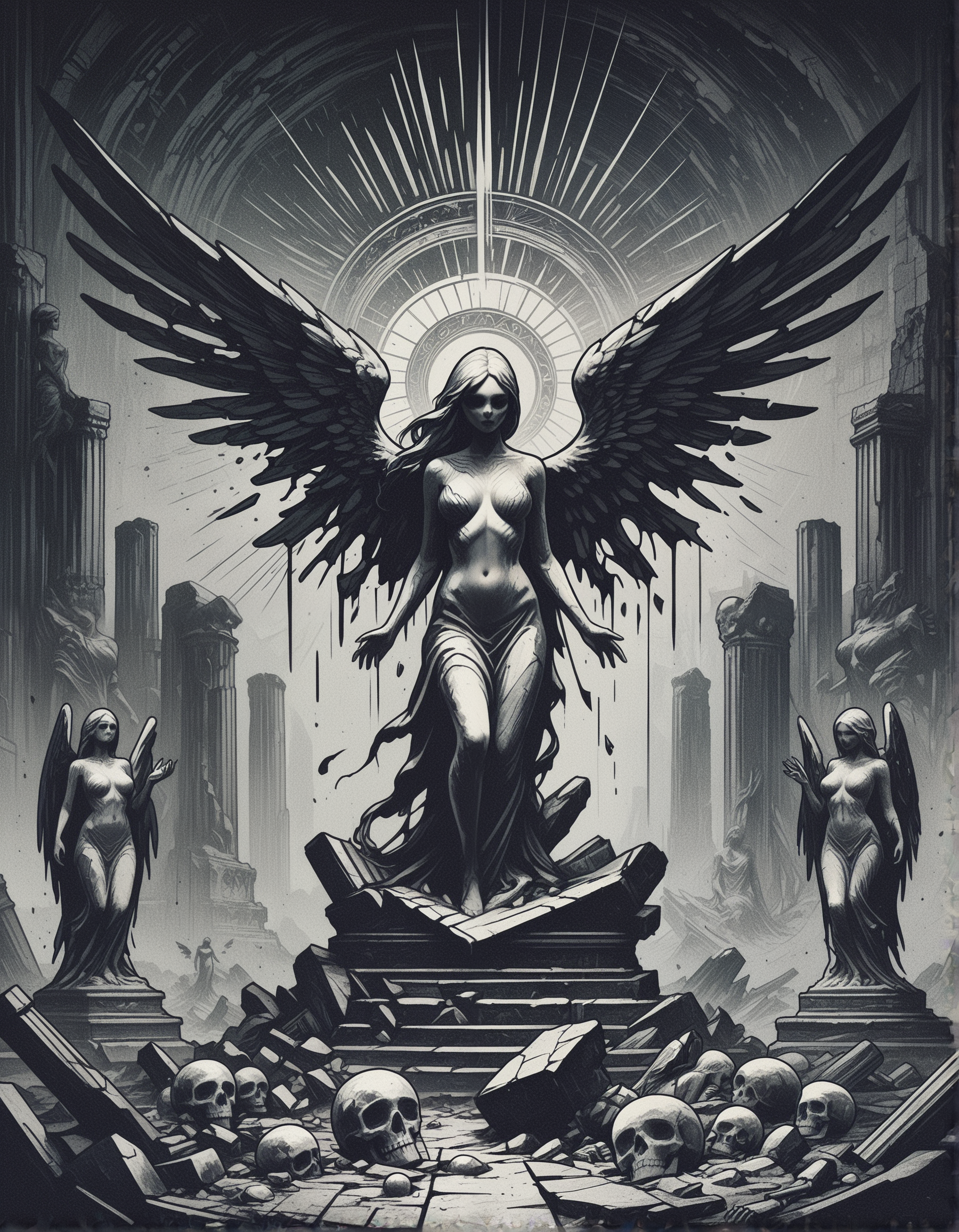 gothic, digital illustration, flat colors, line art, heavy film grain, fallen angel statue, woman, pretty, large bare breasts, marble, broken wings, skeletons, ancient ruins, vast barren landscape, dark atmosphere, eerie