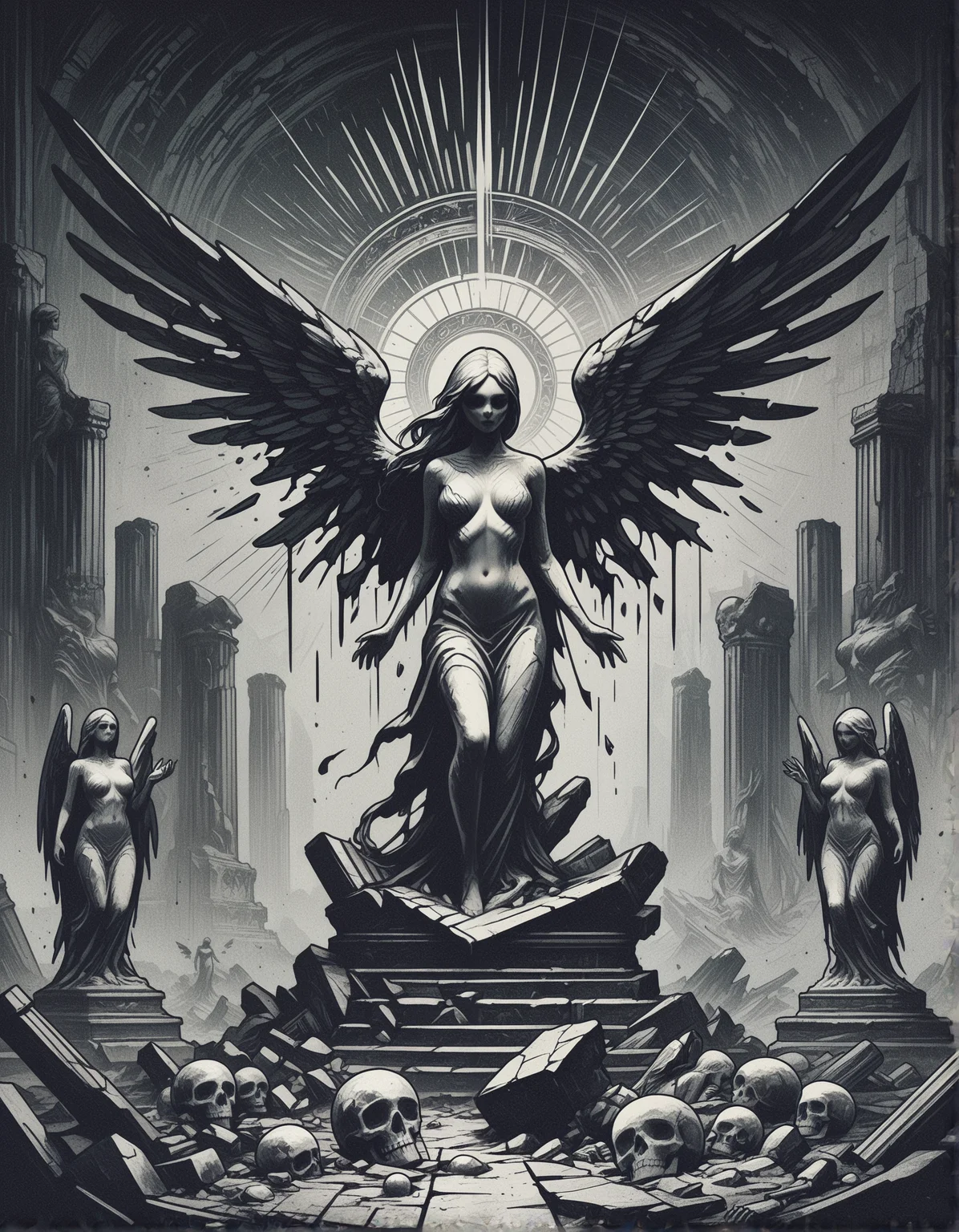gothic, digital illustration, flat colors, line art, heavy film grain, fallen angel statue, woman, pretty, large bare breasts, marble, broken wings, skeletons, ancient ruins, vast barren landscape, dark atmosphere, eerie