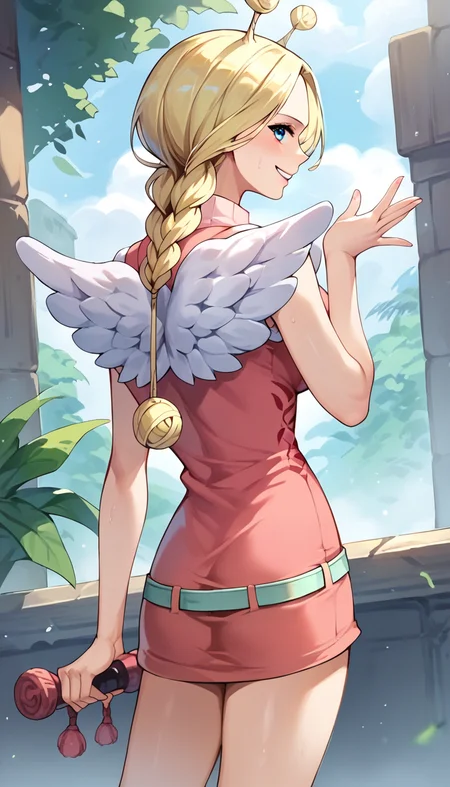 score_9, score_8_up, score_7_up, score_6_up, score_5_up, score_4_up, 1girl, conis, wings, blonde hair, antenna hair, twin braids, blue eyes, pink dress, turtleneck, green belt, from behind, <lora:Conis_v2:1>