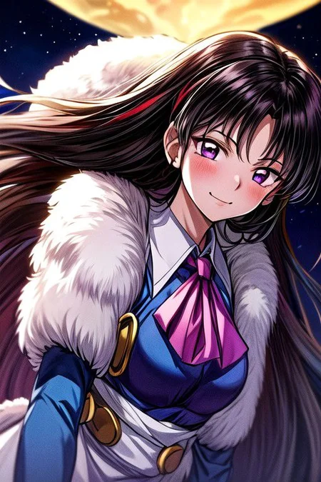 masterpiece,  best quality 1girl Setsun4 solo long hair,  (night time) forest background black hair very long hair purple eyes multicolored hair armor (fur trim) (medium body),<lora:EMS-179-EMS:0.800000>,<lora:EMS-293862-EMS:0.800000> bow, hair_bow, hair_tubes, red_bow, brown_hair, long_hair, bangs, sidelocks, ascot, brown_eyes, frilled_bow, yellow_ascot, blush, smile, hair_between_eyes, athletic