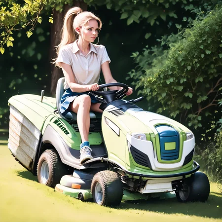 score_9, score_8_up, score_7_up, rilamo (side view) , (slim 25yo female) riding a lawn mower. blue short skirt, white blouse, sneakers , long blonde ponytail <lora:RideLawnMowerPony:1>