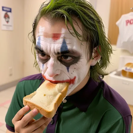 a joker eating a Polo bread., <lora:eatpan:0.8>