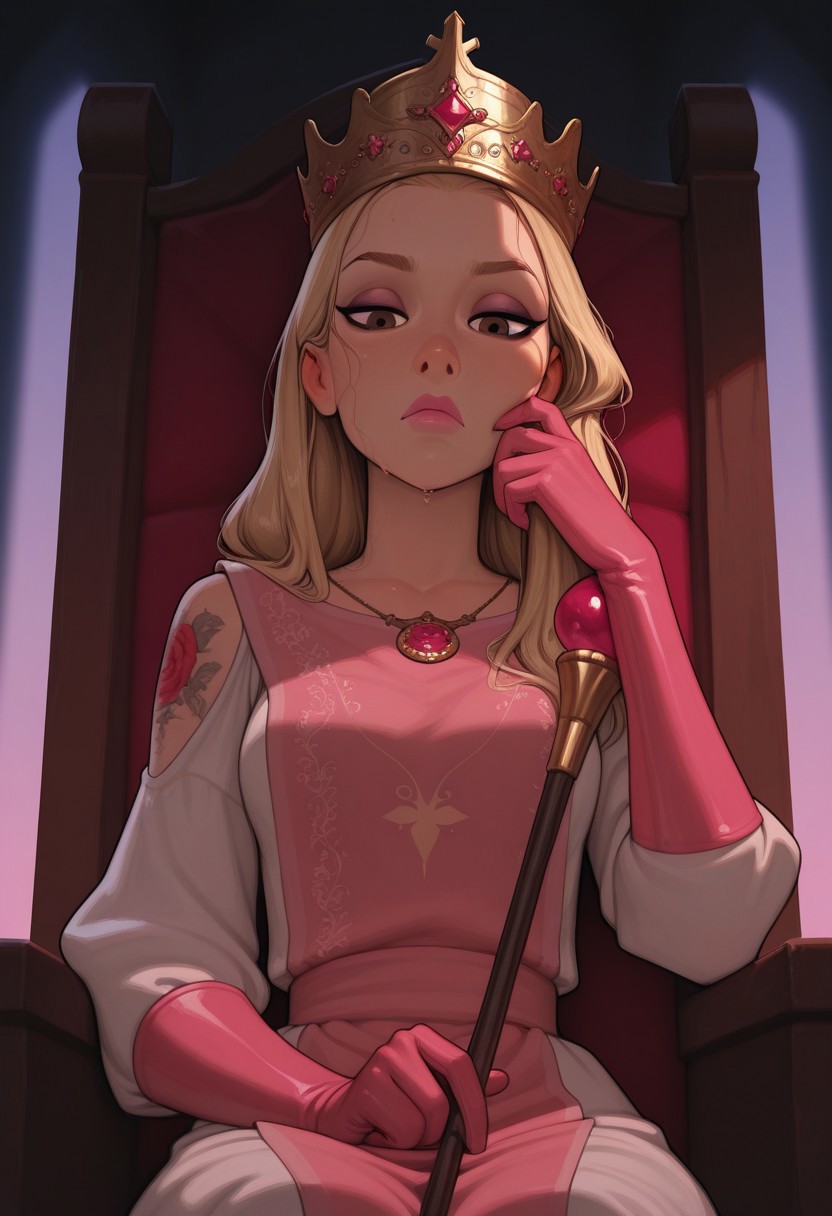 masterpiece, best quality, amazing quality, very aesthetic, DISNEY_ANIMATION, incoth, (incase:0.6), female, (depth of field), 
beautiful 18 year old russian czech princess, perfect face, blonde hair, hair tucked behind her ear, pink lipstick,
eyeliner,slim, small breasts, hair swept to one side, beautiful, kawaii, brown eyes, sitting, throne, medieval, pink evening gloves, golden crown, pink tabard with gold embroidery, shoulder tattoo, necklace,
detailed face, beautiful face, dramatic, wet hair, close up of her face, zoomed in on her face, curious, tilting head, serious, holding a scepter, looking down at viewer, view from below, regal, noble