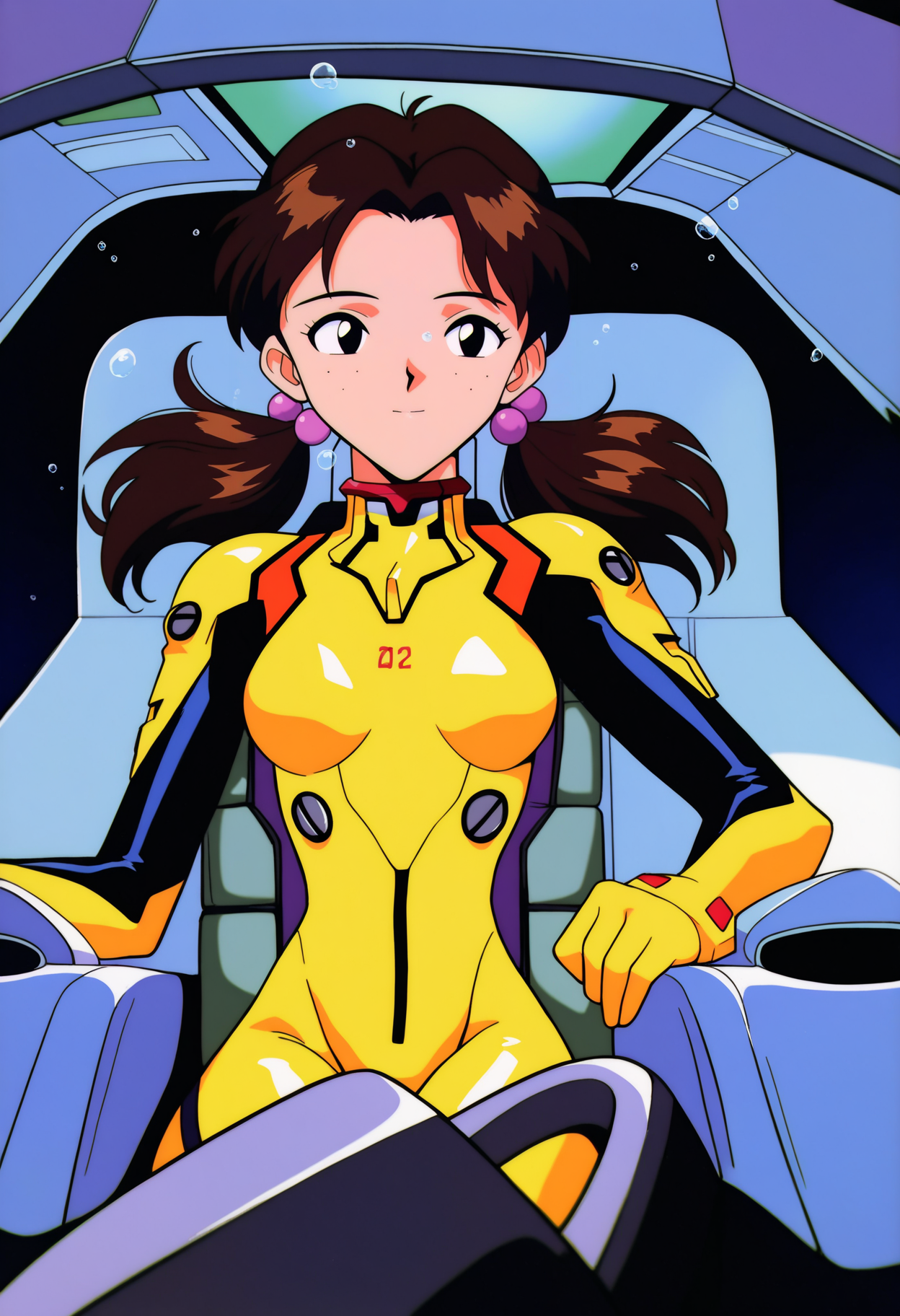 masterpiece, best quality, very aesthetic, absurdres,
1990s \(style\), retro artstyle,
underwater, deep abyss background, dark blue background,
yellow plugsuit, floating bubbles, pilot seat, sitting in cockpit, lying,
1girl, hikarihoraki, brown hair, twintails, freckles, floating hair, hair bobbles, long hair, black eyes  <lora:HikariHorakiNoobXL_byKonan:1>