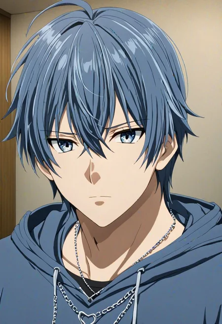 high resolution, solo, best quality, 1Boy, Tomoya Okazaki, Grey Blue Hair, bangs, necklace, choker, hair between eyes, Hoodie, OverallDetail