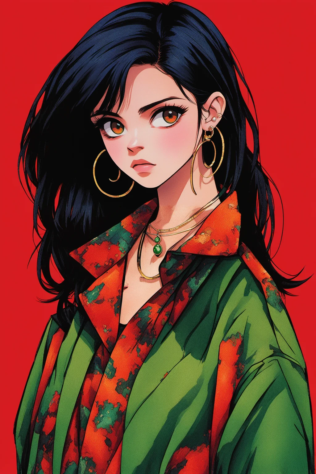 <lora:yingbo:0.9>,mn,1girl,solo,black hair,jewelry,long hair,earrings,shirt,hoop earrings,piercing,looking at viewer,upper body,simple background,collared shirt,red eyes,ear piercing,green jacket,jacket,red background,orange background,necklace,print shirt,