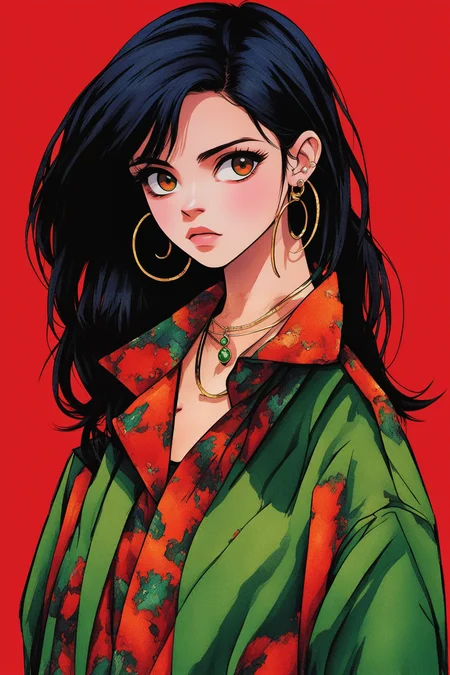 <lora:yingbo:0.9>,mn,1girl,solo,black hair,jewelry,long hair,earrings,shirt,hoop earrings,piercing,looking at viewer,upper body,simple background,collared shirt,red eyes,ear piercing,green jacket,jacket,red background,orange background,necklace,print shirt,