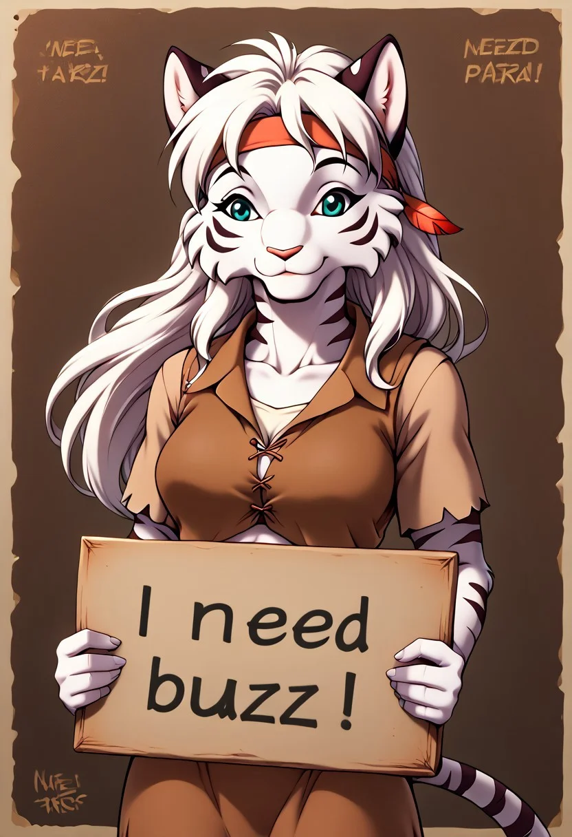 white fur, brown stripes, white tiger, anthro, furry, native american clothes, tiger, long hair. white hair, female. 1girl, tall woman, furry, long hair, native american, white bra, brown vest, 1girl, need_buzz, holding sign, smile