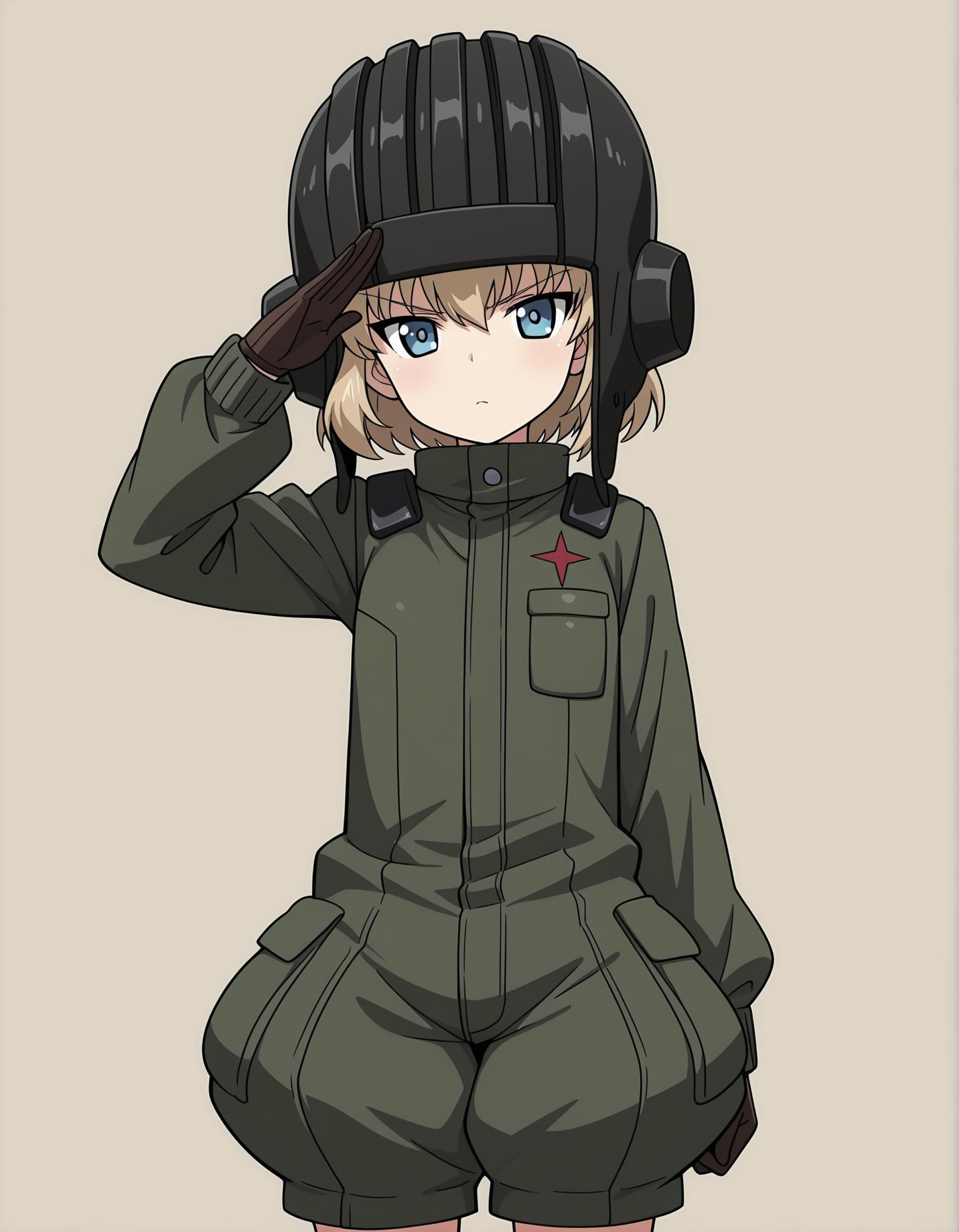 masterpiece,best quality, absurdres, highres,    <lora:katyusha illu:1> katyushaillu, long sleeves, pravda military uniform, short jumpsuit, helmet, standing, brown gloves, standing, looking at viewer, salute,