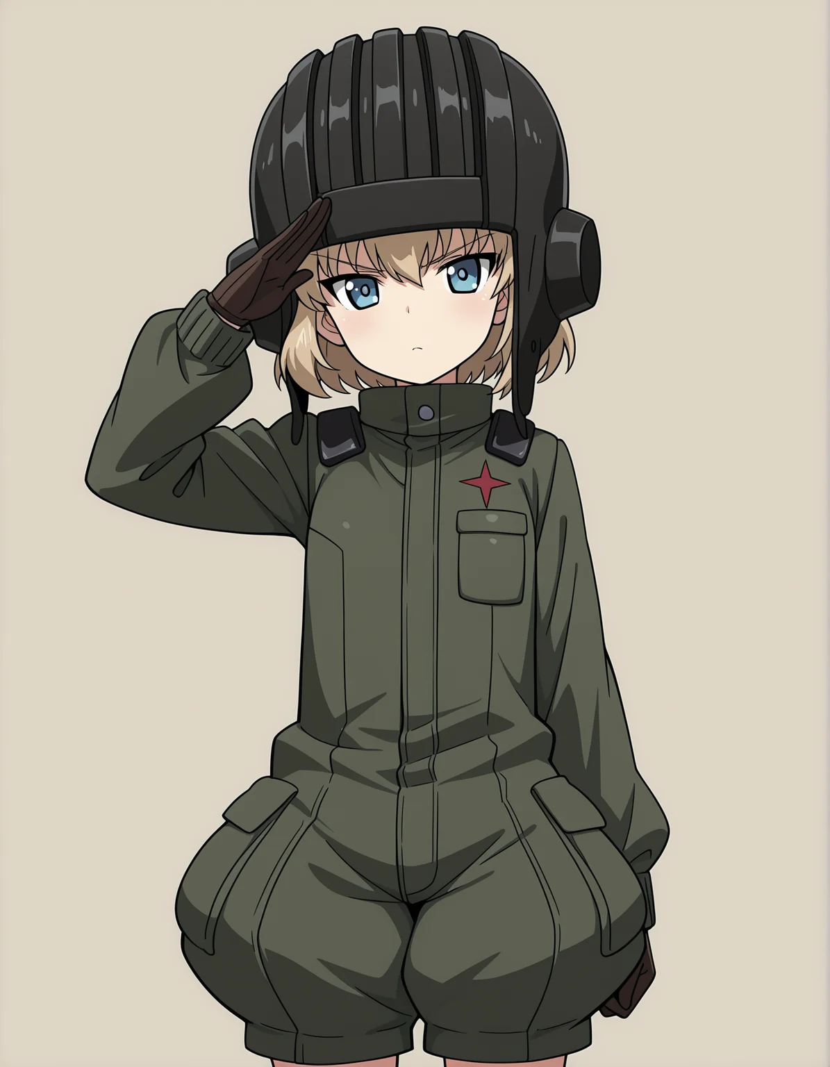 masterpiece,best quality, absurdres, highres, <lora:katyusha illu:1> katyushaillu, long sleeves, pravda military uniform, short jumpsuit, helmet, standing, brown gloves, standing, looking at viewer, salute,