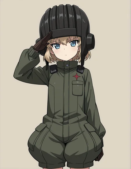 masterpiece,best quality, absurdres, highres, <lora:katyusha illu:1> katyushaillu, long sleeves, pravda military uniform, short jumpsuit, helmet, standing, brown gloves, standing, looking at viewer, salute,