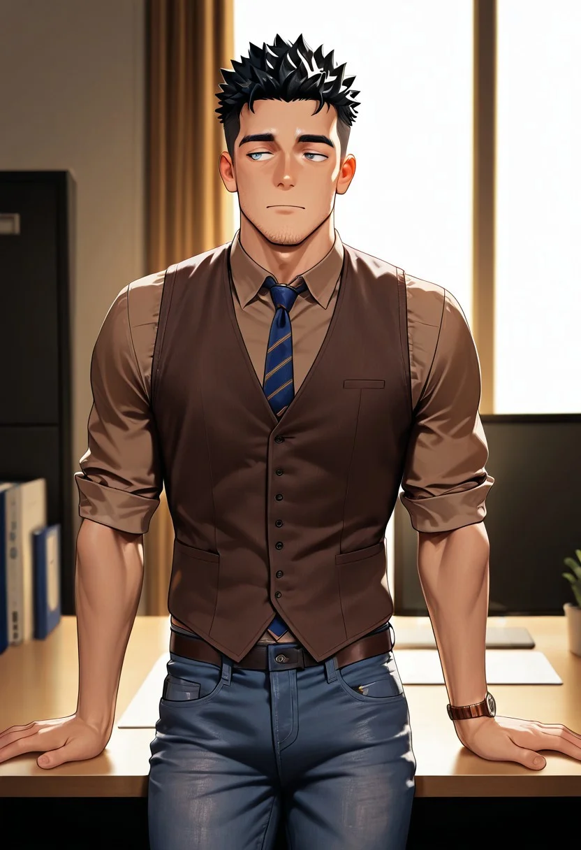 [正面+キャラ名:99],
1boy,solo,
[品質タグ:99],
masterpiece,perfect quality,best quality,amazing quality,absolutely eye-catching,
[身体特徴:99],
muscle,black hair,spike hair,veryshort hair,stubble,
[服装:99],
Shirt×Vest×Denim,brown shirts,
collared shirt,vest,jeans,necktie,wristwatch,sleeves rolled up, 
[﷿ーズと解剖学的詳細:99],
On call now,
[環境・背景:99],
cowboy shot,office,
dynamic lighting,cinematic lighting, professional lighting, 
[追加の品質/スタイルタグ:99],