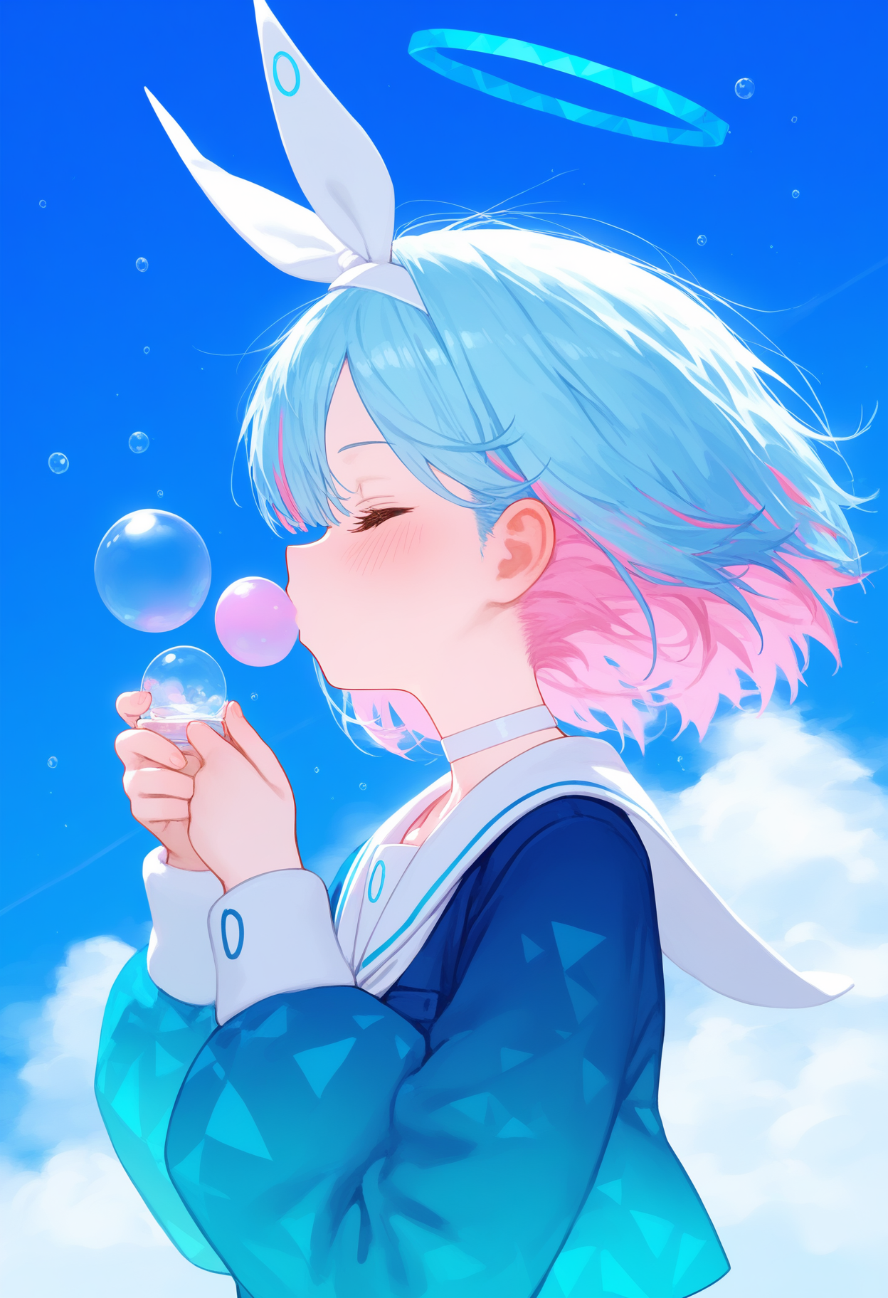 masterpiece, best quality, good quality,
arona \(blue archive\), 1girl, solo, blush, short hair, shirt, long sleeves, holding, (blue hair:1.1), upper body, closed eyes, pink hair, multicolored hair, hairband, choker, serafuku, sailor collar, blue halo, from side, profile, blue shirt, colored inner hair, white sailor collar, bubble, white hairband, white choker, bubble blowing, blue sky, cloud, hands down
<lora:flutecocktail_ill_v2:1>