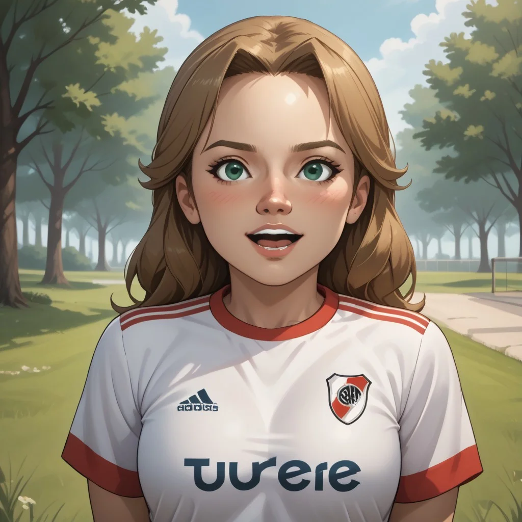 score_9, score_8, BREAK, solo, wii, mii, wii sports resort, 1girl, female mii, tree shaped nose, green eyes, light brown hair, open mouth, teeth, blush, RiverPlate, striped shirt, striped, shirt, white shirt, short sleeves, clothes writing, sportswear, soccer uniform, cute, nintendo mii, modern_mii, classic_mii, breasts, Ursula_(\Wii_Sports_Resort\), adult female, mature female, sexy pose, self portrait, smile, outdoors, sunlight, shadows, evening lighting, natural lighting, forest, trees, grass, orange sky, sunset