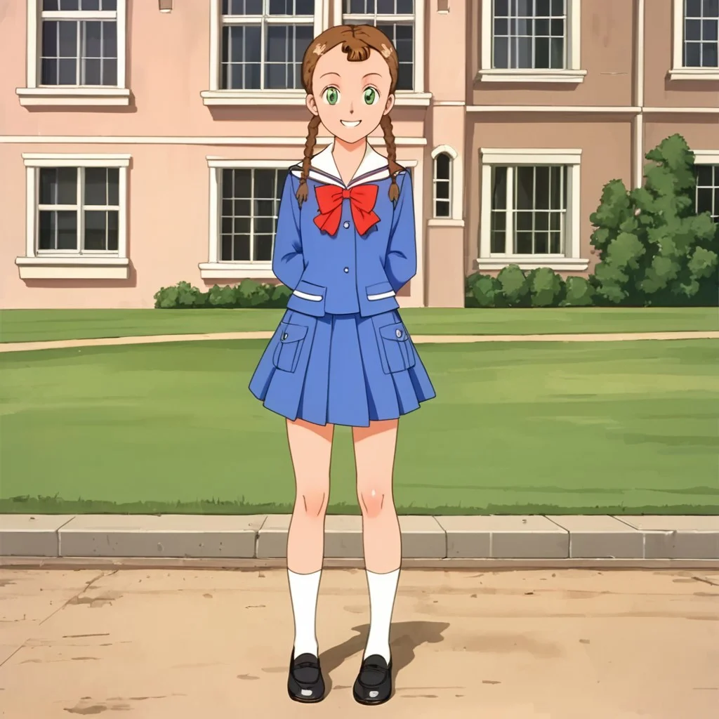 1girl, solo, Lotte, brown hair, green eyes, braid, twin braids, school uniform, white socks, black shoes, smile, full body, standing, meadow, front view