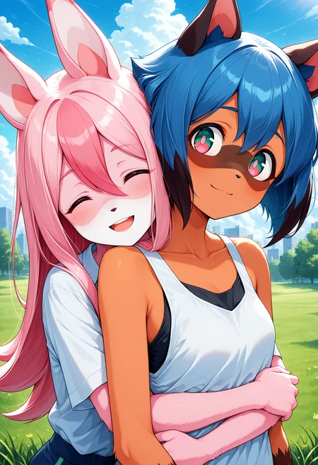 masterpiece, best quality, very awa, michiru kagemori, nazuna hiwatashi, anthro, furry, 2girls, brand new animal, duo, multicolored body, multicolored fur, two tone body, two tone fur, highres, pink fur, white fur, brown fur, blue hair, pink hair, hugging each other, hugging from behind, upper body, happy, grass in background, blue sky, clouds, animal ears, nazuna hiwatashi wearing a white shirt, michiru kagemori wearing a black tank top