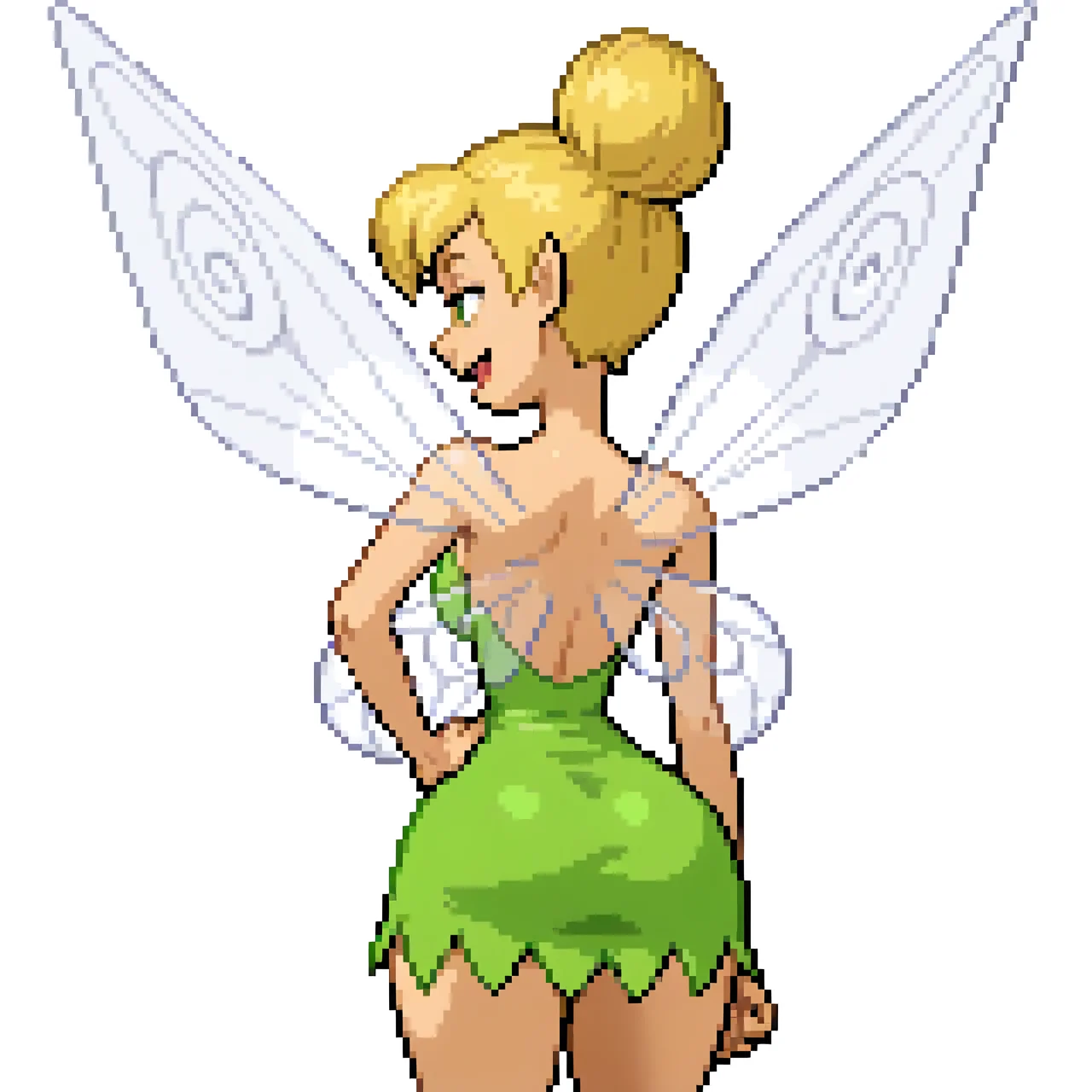 Simple background, white background, <lora:pkspif_nb_v1-2:1>, (((from behind:2.5), from side, middle body, solo, looking away)), 1girl, standing, big breasts, medium ass, <lora:Tinkerbell_-_Disney_Illustrious:1>, tinkerbellxd, fairy, fairy wings, blonde hair,green eyes, single hair bun, green dress, bare shoulders, strapless dress, short dress, short hair, pointy ears, one hand on hip, open mouth, smug