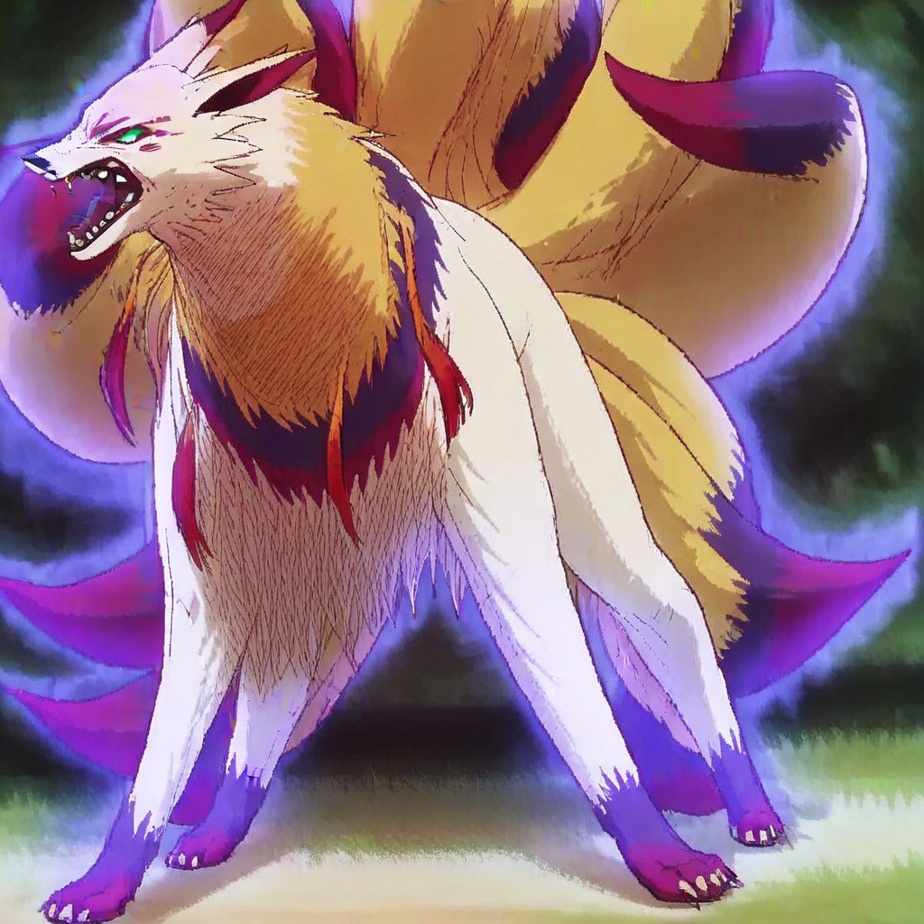 score_9, score_8_up, score_8, furry, Kyuubi, fox, yokai, multiple tails, green eyes, face markings, neck tuft, cartoon style, 2d, feral, solo, snarling, bearing fangs, outside, on grass
