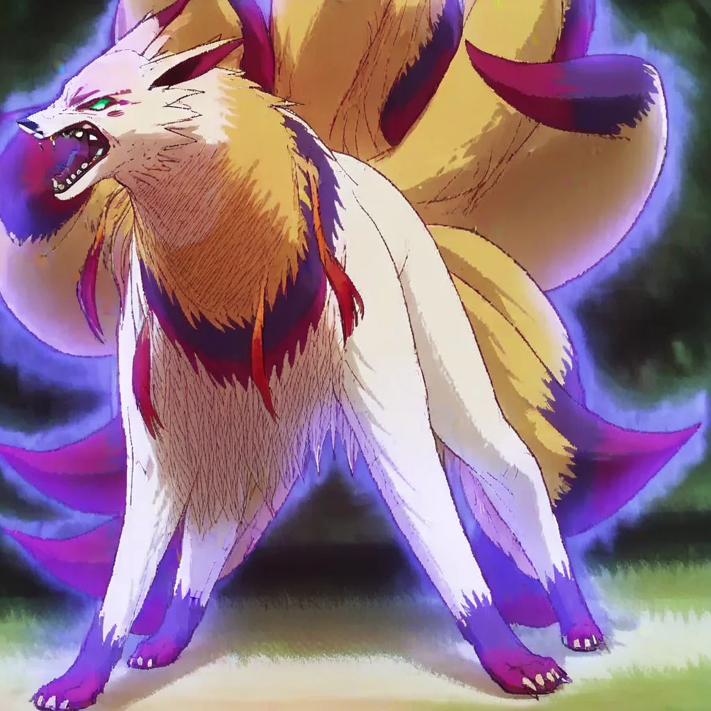 score_9, score_8_up, score_8, furry, Kyuubi, fox, yokai, multiple tails, green eyes, face markings, neck tuft, cartoon style, 2d, feral, solo, snarling, bearing fangs, outside, on grass