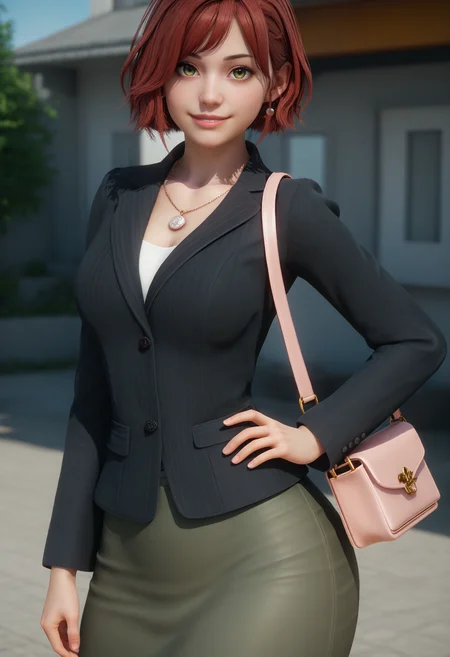 score_9, score_8_up, score_7_up,
1girl, solo, vertical-striped jacket, necklace:pendant, green skirt, brown pantyhose, pink bag:handbag. short hair:swept bangs.
outdoors, day, dappled sunlight, standing, hand on own hip, looking at viewer, light smile, depth of field,
<lora:Dark_Nancy_Pony_v1.0:0.75> d4rkn4ncy,