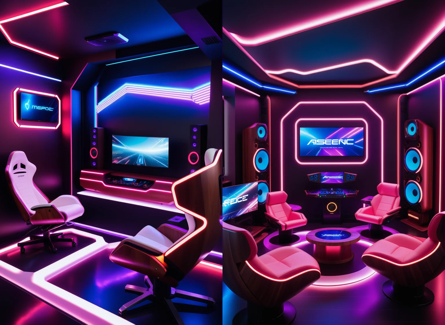 masterpiece, high quality,, a reij gaming room, cherry wood details, neon color and ambient neon light, chair <lora:reij-neonelegance:0.7>