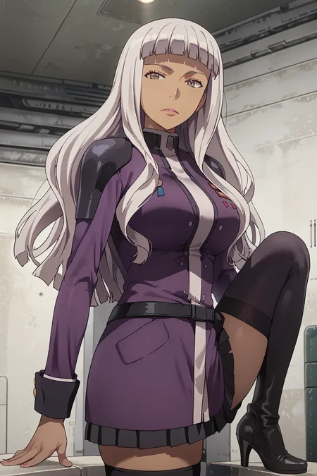 score_9, score_8_up, score_7_up, score_6_up, score_5_up, score_4_up, source_anime, BREAK, (extremely detailed CG, best quality:1.1), high quality, masterpiece, mature female, nfsw, uncensored, extremely detailed character, detailed eyes, perfect face, 1girl, long hair, brown eyes, grey hair, dark skin, blunt bangs, bangs, uniform, grey eyes, military, military uniform, belt, skirt, legs, thigh, thighhighs, grey hair, boots, uniform, high heels, shoulder pads, lendy farolito
<lora:lendy_farolito:1> <lora:cfg_scale_boost:0.5> <lora:incase-ilff-v3-4:0.6>