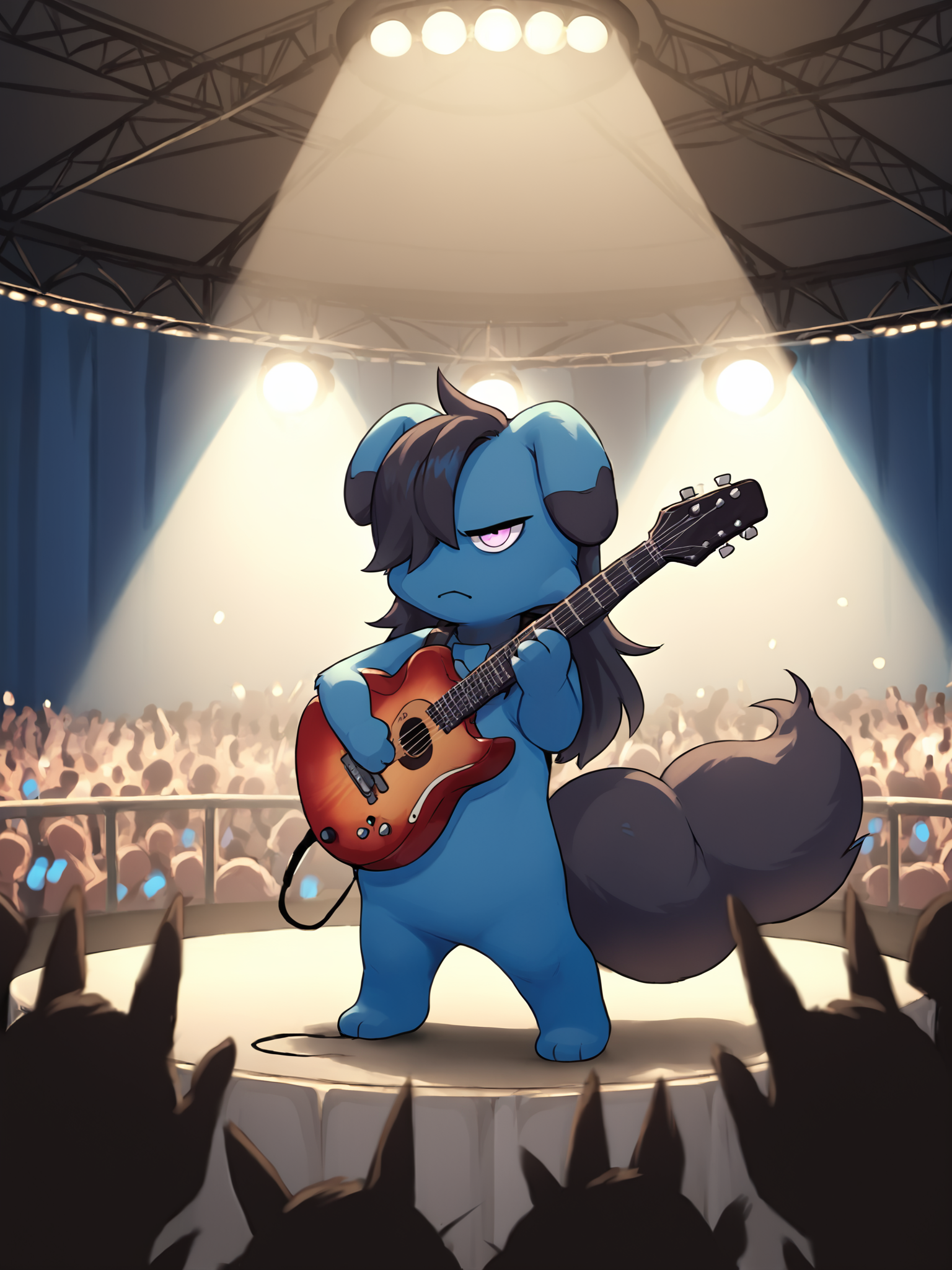 score_9, score_8_up, score_7_up, score_6_up, score_5_up, score_4_up, detailed background, inside, concert, spotlight, crowd, solo BREAK
<lora:Depresso_PDXL_v2-000010:1> depresso, blue body, black hair, (long hair:1.1), hair over eye, pink eyes, black tail, holding guitar, standing