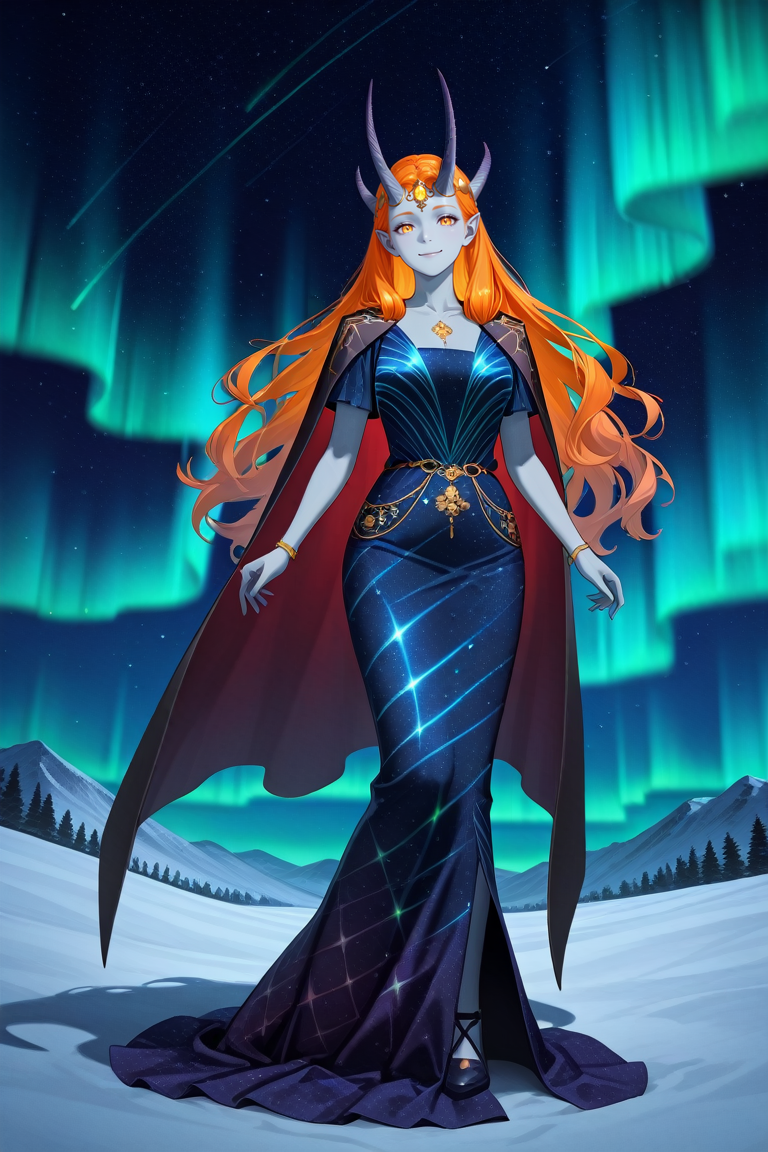 masterpiece, best quality, absurdres,
<lora:ILBGMizora:0.8>
BGMizora, 1girl, orange hair, horns, gray skin, jewelry, pointy ears, looking at viewer, glowing sky over shoulders, aurora borealis pattern dress, aurora on dress, aurora, starry sky, night, collarbone, background blur, full body, smile