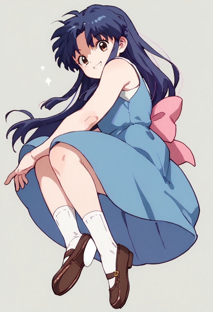 score_9, score_8_up, score_7_up BREAK AkaneTendo, 1girl, long dark blue hair, pink hair bow, brown eyes, sleeveless blue dress, puff sleeve white collared undershirt, socks, black mary jane shoes, smiling at viewer, full body,