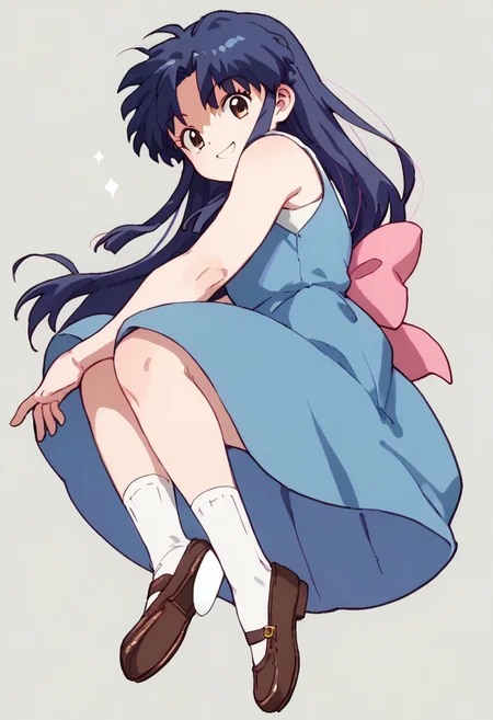 score_9, score_8_up, score_7_up BREAK AkaneTendo, 1girl, long dark blue hair, pink hair bow, brown eyes, sleeveless blue dress, puff sleeve white collared undershirt, socks, black mary jane shoes, smiling at viewer, full body,
