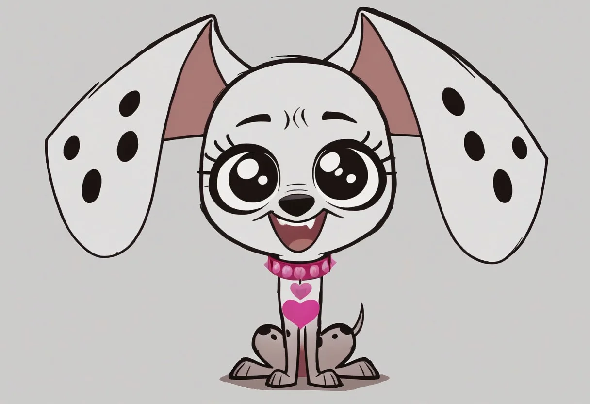 score_9, score_8_up, score_7_up, <lora:Triple_D:1> triple_D, dalmatian, feral, pink collar, looking at viewer, happy, solo, heart collar, mouth open, full body