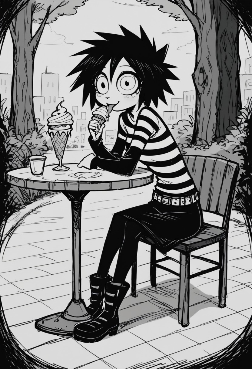 score_9, score_8_up, score_7_up, score_6_up, 1woman, Protagnia, Wide-eyed, Striped shirt, black sleeves, belt, black skirt, pantyhose, boots, (outdoors in black and white), sitting at a table near a café, licking a vanilla flavoured swirl ice cream cone, enjoying, happy, (monochrome)