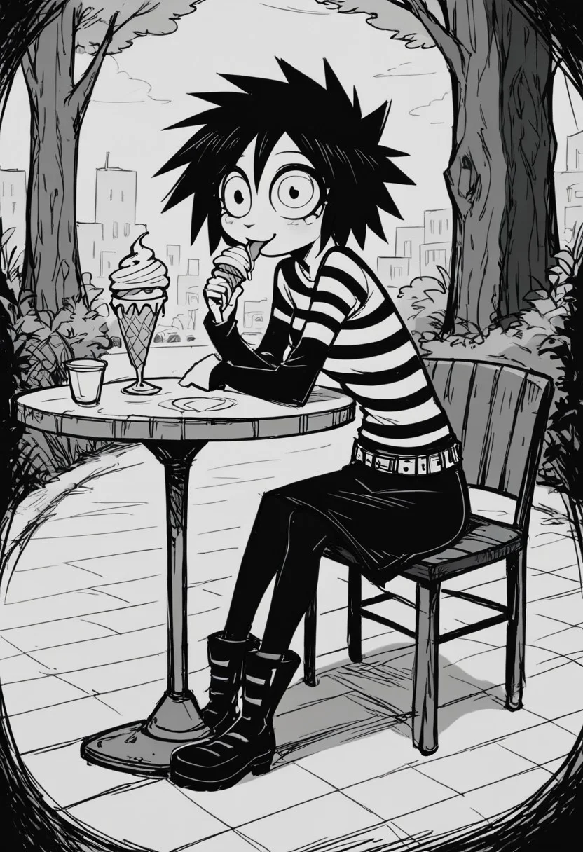 score_9, score_8_up, score_7_up, score_6_up, 1woman, Protagnia, Wide-eyed, Striped shirt, black sleeves, belt, black skirt, pantyhose, boots, (outdoors in black and white), sitting at a table near a café, licking a vanilla flavoured swirl ice cream cone, enjoying, happy, (monochrome)