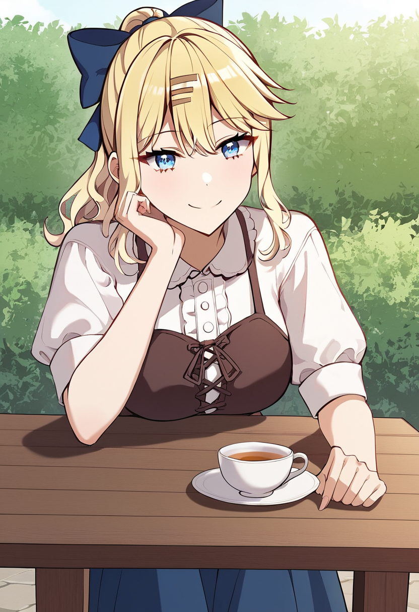 yvonne_smollett, blonde hair, long hair, wavy hair, blue eyes, medium breasts, skirt, bow, hair bow, hair ornament, blue skirt, short sleeves, hairclip, shirt,  ponytail, bangs, blue bow, puffy sleeves, white shirt, casual outfit, smile BREAK outdoors, garden, flowes, medieval table, tea cup  BREAK sitted, head rest, arm on table BREAK score_9, score_8_up, score_7_up, source_anime ,zPDXL, perfect hand , <lora:Yvonne_Smollett:0.8>