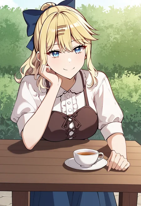 yvonne_smollett, blonde hair, long hair, wavy hair, blue eyes, medium breasts, skirt, bow, hair bow, hair ornament, blue skirt, short sleeves, hairclip, shirt, ponytail, bangs, blue bow, puffy sleeves, white shirt, casual outfit, smile BREAK outdoors, garden, flowes, medieval table, tea cup BREAK sitted, head rest, arm on table BREAK score_9, score_8_up, score_7_up, source_anime ,zPDXL, perfect hand , <lora:Yvonne_Smollett:0.8>