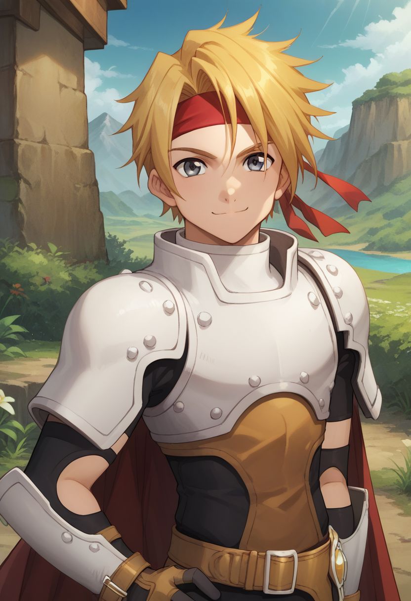 score_9, score_8_up, score_7_up, source_anime, 
cress, armor, 1boy, headband, solo, male focus, red cape, gloves, cape, blonde hair, hand on hip, red headband, v sign, sheathed, smile, closed mouth,
outdoor,
