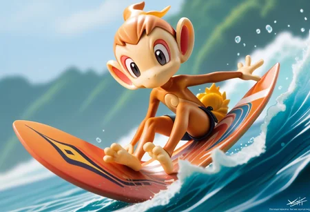 score_9, score_8_up, Score_7_up, score_6_up, score_5_up, Chimchar, Pokemon (creature), monkey, surfing, water, feet on surfboard, 3 toes, peach colored feet, foot focus, feet style, foot style