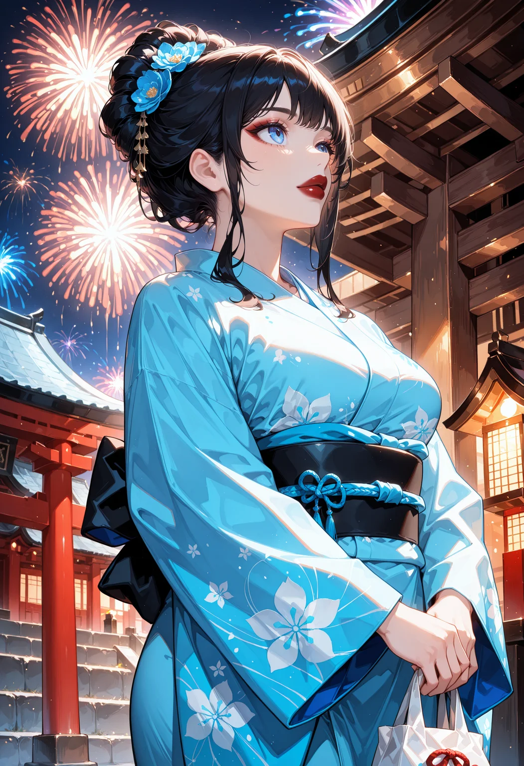 masterpiece, best quality, absurdres, highres, newest,<lora:cfg_scale_boost:.7> , east asian architecture, shrine, kimono, obi, night, fireworks,
gaiaxiv, blue eyes, red lips, black hair, updo, medium breasts, own hands together, looking up, holding, holding bag,
<lora:Gaia_XIV_IL:1>